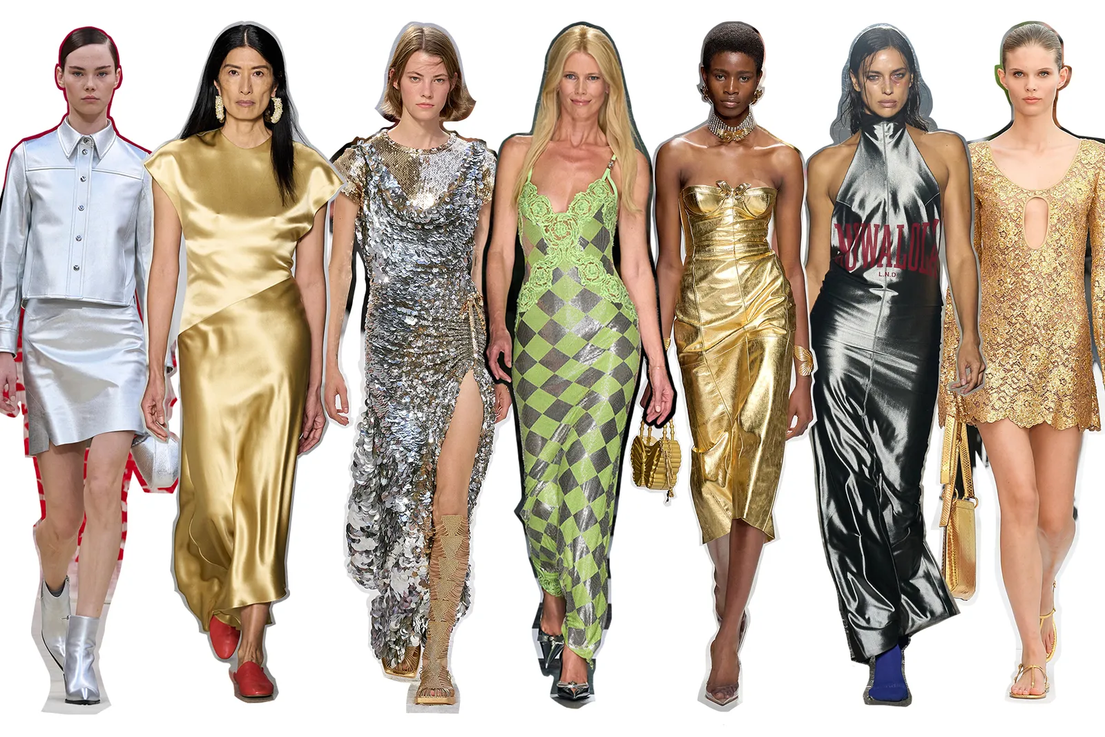 five different looking models against a white background, wearing different gold and silver metallic outfits 