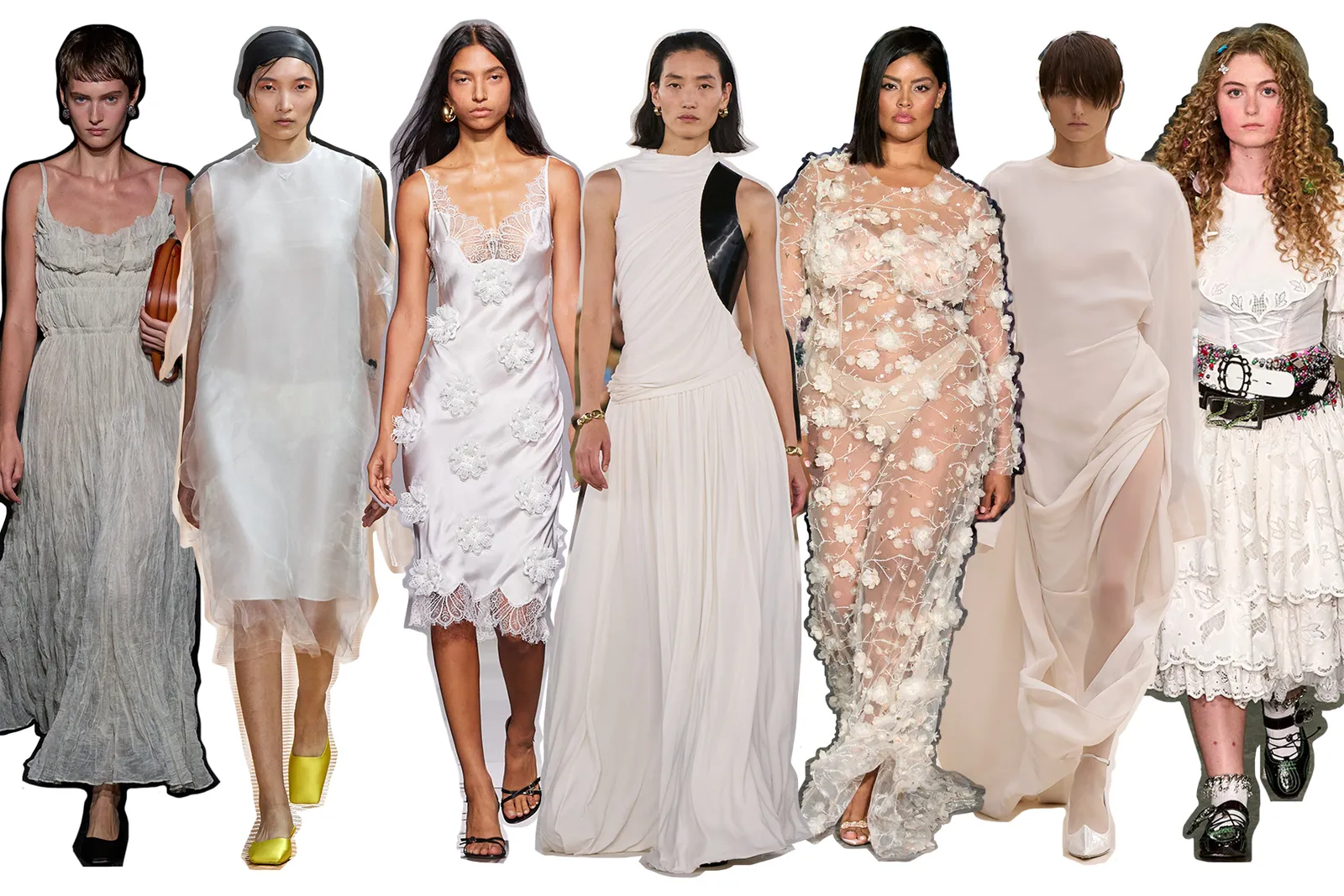 five different looking models against a white background, each wearing a different style of a white sheer and embroidered long dress