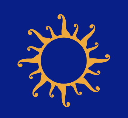 orange outline of a sun against a royal blue background logo